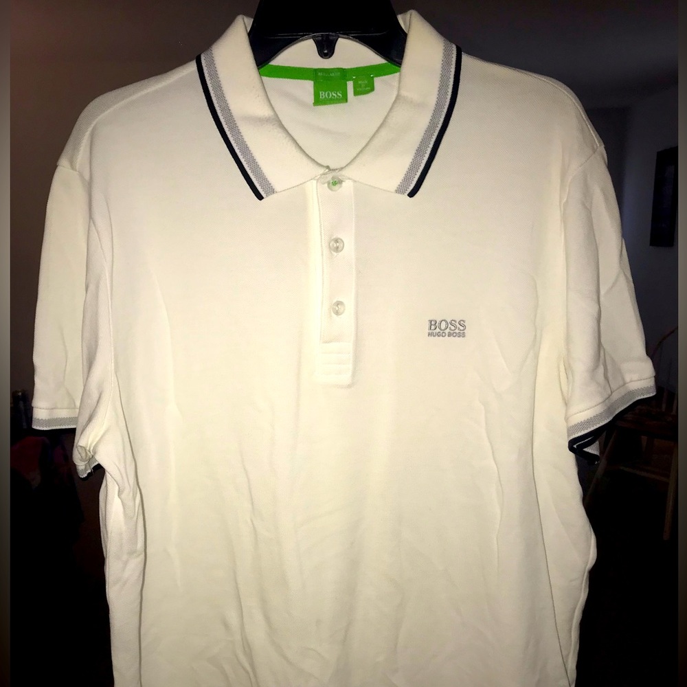 Mens Boss Golf shirt white with grey and black trim XXL